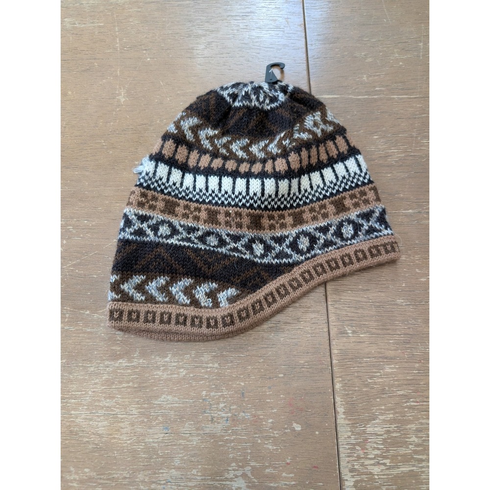 Peruvian Link 100% Alpaca Wool Beanie Hat Fair Isle Brown Tan Made in Peru
